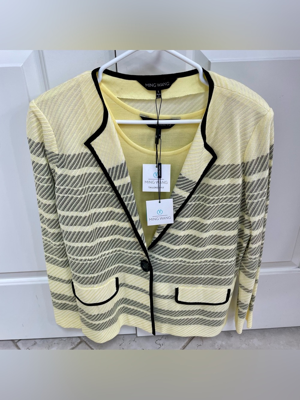 NWT Ming Wang 2 Piece Striped Knit Blazer Jacket Yellow Black Size Large Travel